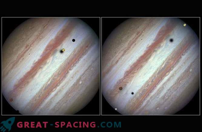 Hubble machte ein erstaunliches Bild des Transits von drei Jupiter-Satelliten.